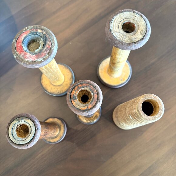 5 Vintage Industrial Wooden Textile Mill Spools Bobbins 7" Antique - Picture 3 of 8